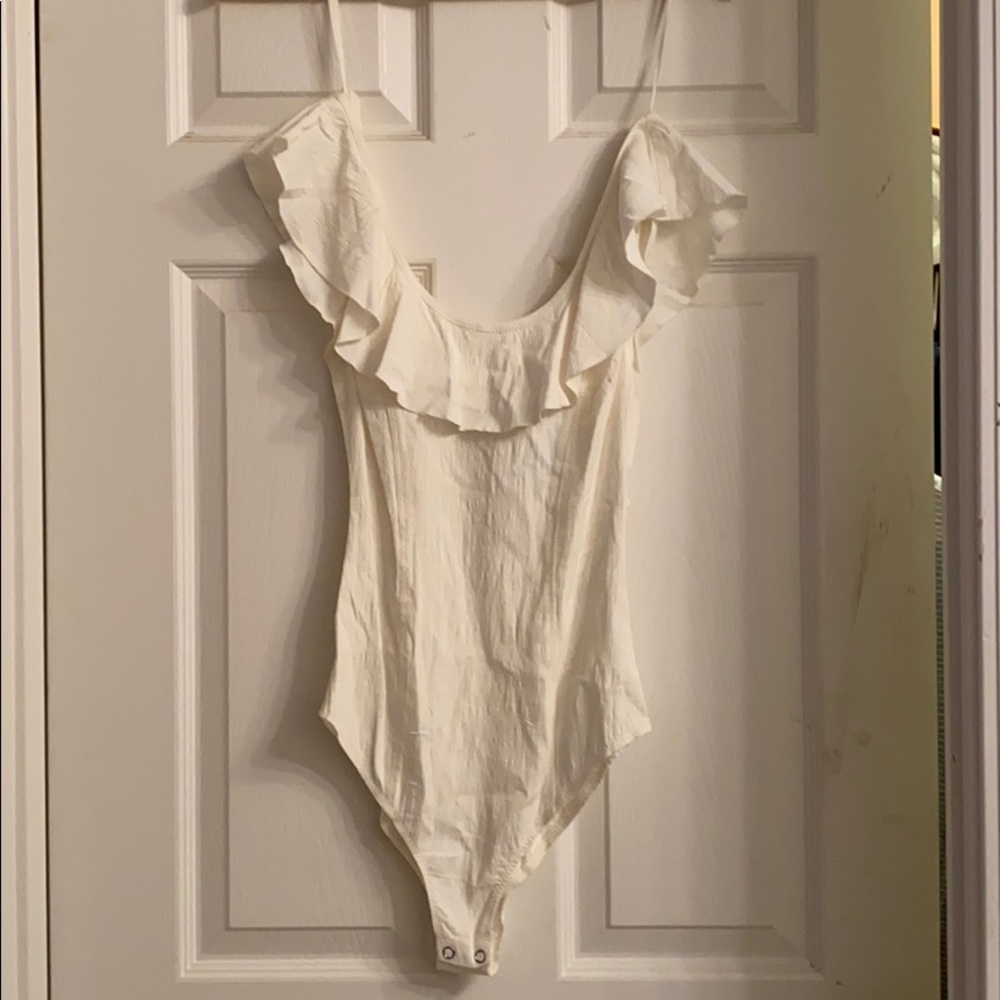 Free People Ivory Low Back Ruffle Bodysuit